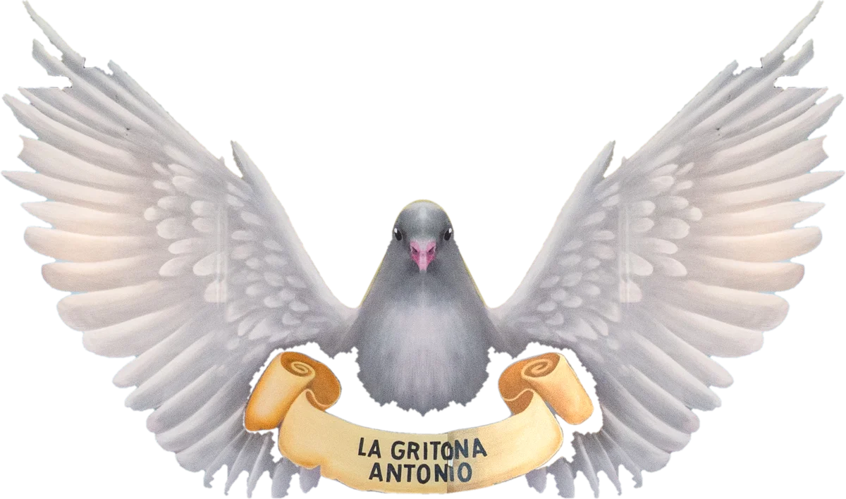 A white dove from the Berewick mural carrying a banner that reads La Gritona Antonio
